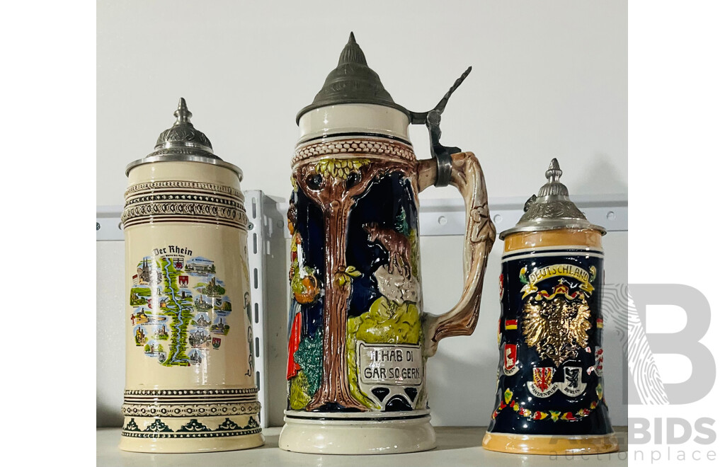 Collection Three German  Steins Including Medium and Smaller Westerwald Examples