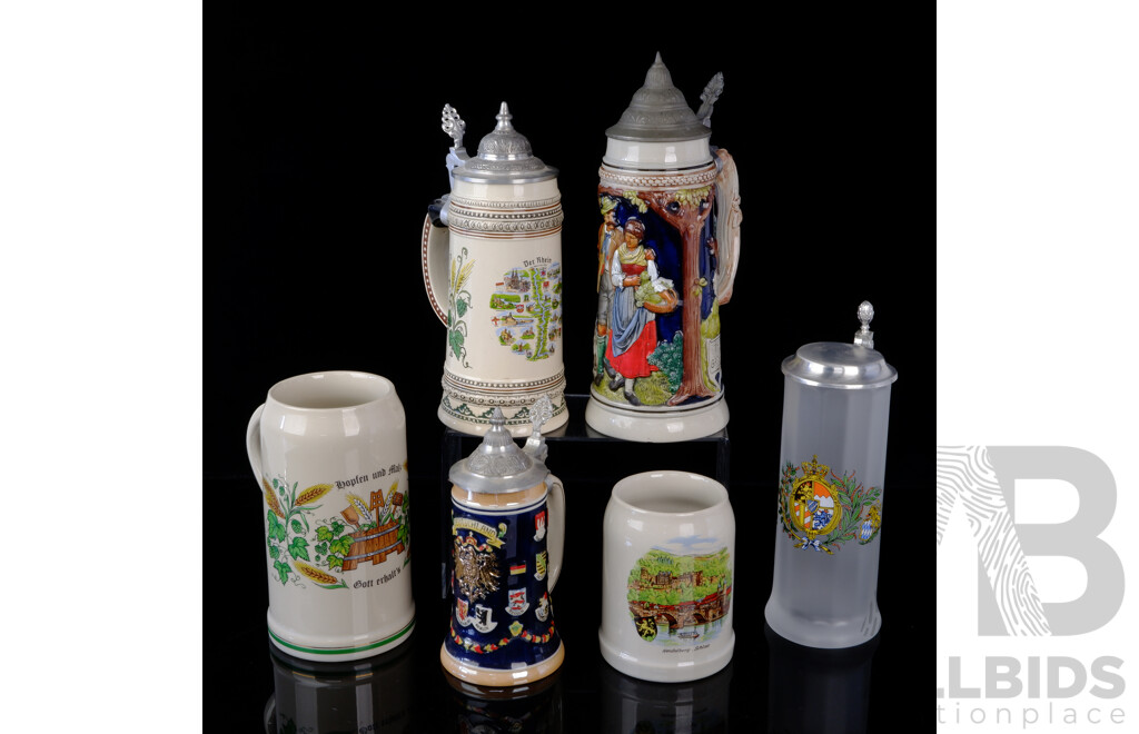 Collection Six German Tankards and Steins Including Westerwald and More