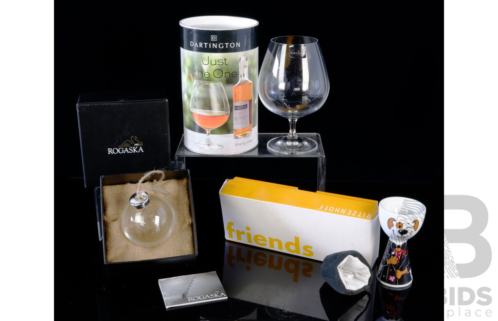 Dartington Brandy Balloon in Original Cylinder, Ritzenhoff Ceramic Egg Cup in Original Packaging and Rogaska Crystal Christmas Bauble in Original Box