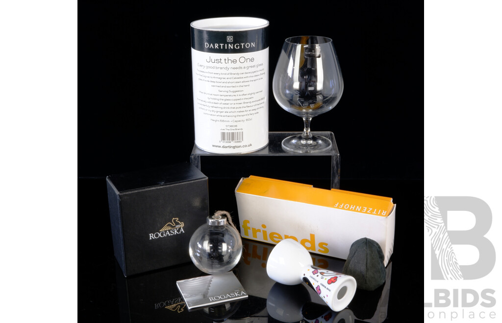 Dartington Brandy Balloon in Original Cylinder, Ritzenhoff Ceramic Egg Cup in Original Packaging and Rogaska Crystal Christmas Bauble in Original Box