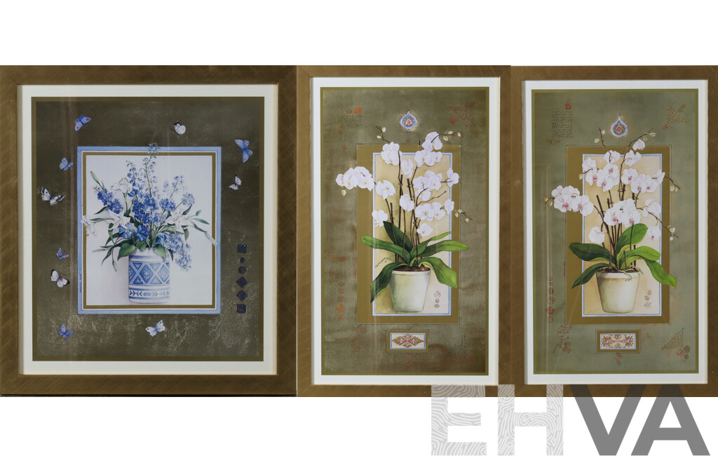Nahid Aryan Ghodsi, (Contemporary), White Orchids with Gold & Arabic Script, Blue & White Vase with Butterflies, Lithographic Colour Print, 71 x 45.5 cm (largest frame) (3)