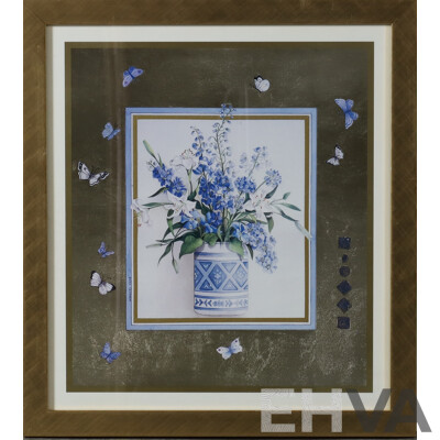 Nahid Aryan Ghodsi, (Contemporary), White Orchids with Gold & Arabic Script, Blue & White Vase with Butterflies, Lithographic Colour Print, 71 x 45.5 cm (largest frame) (3)