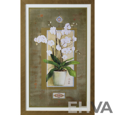 Nahid Aryan Ghodsi, (Contemporary), White Orchids with Gold & Arabic Script, Blue & White Vase with Butterflies, Lithographic Colour Print, 71 x 45.5 cm (largest frame) (3)