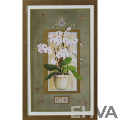 Nahid Aryan Ghodsi, (Contemporary), White Orchids with Gold & Arabic Script, Blue & White Vase with Butterflies, Lithographic Colour Print, 71 x 45.5 cm (largest frame) (3)