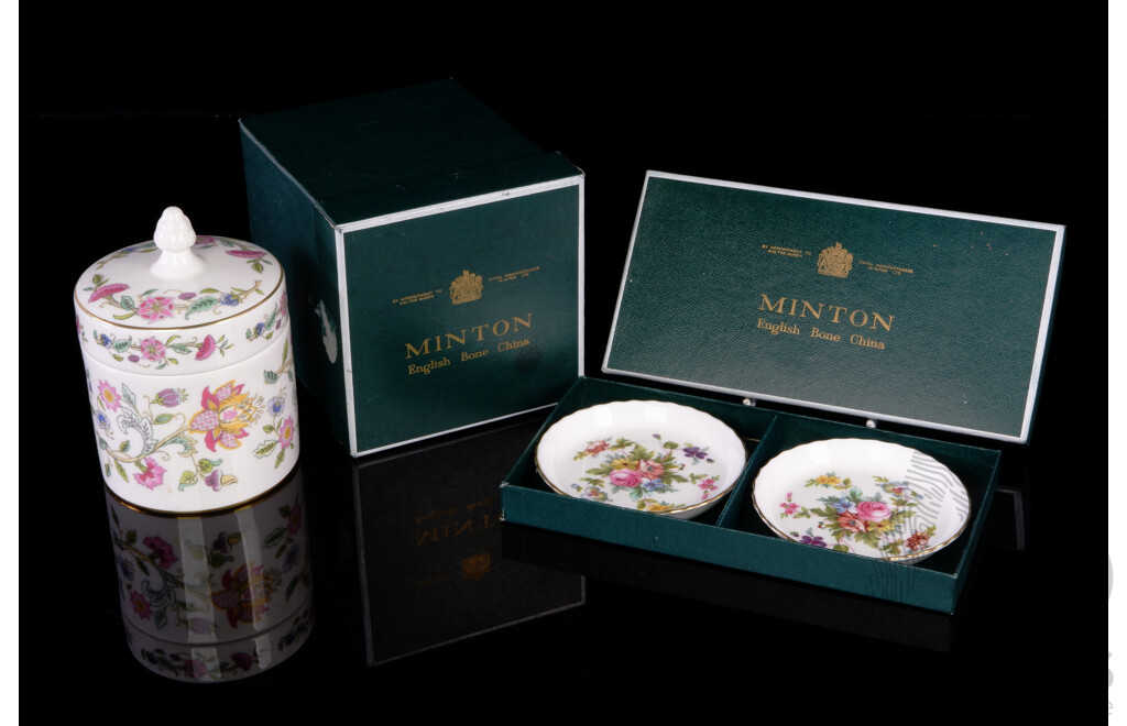 Three English Minton Porcelain Pieces Comprising Pair Dishes in Marlow Patter, Lidded Canister in Haddon Hall Pattern, All in Original Boxes