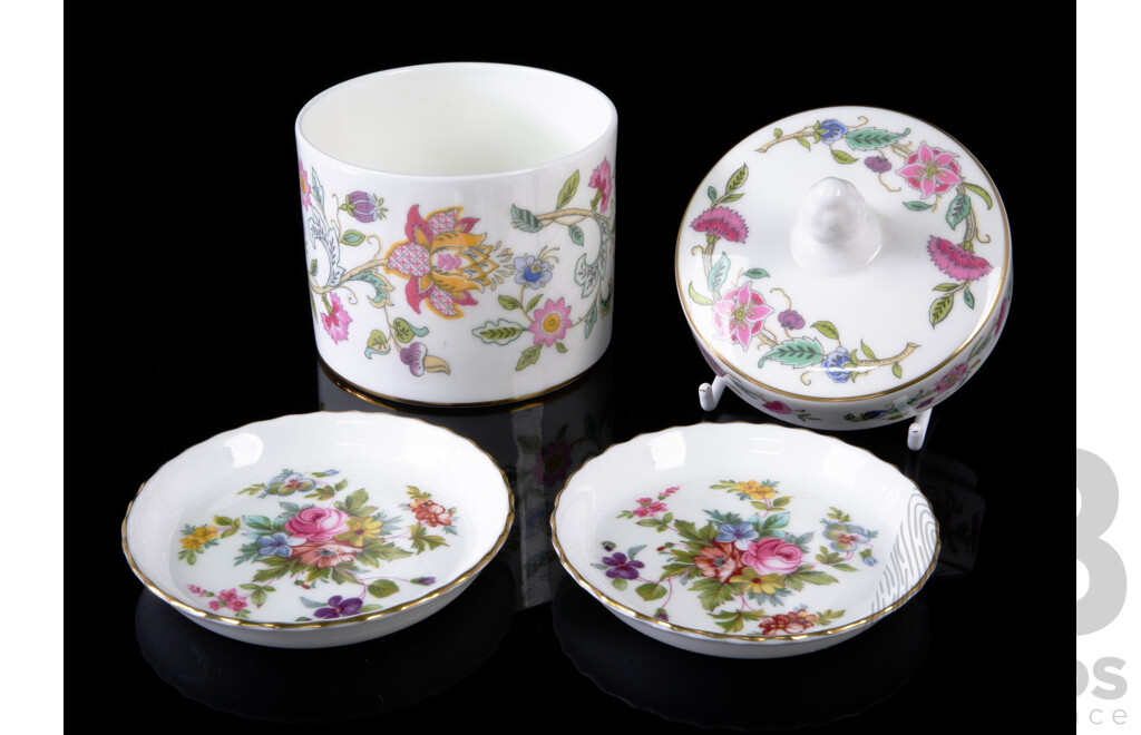 Three English Minton Porcelain Pieces Comprising Pair Dishes in Marlow Patter, Lidded Canister in Haddon Hall Pattern, All in Original Boxes