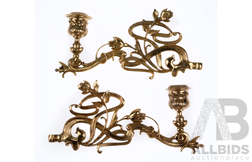 Pair Art Nouveau Brass Piano Sconces