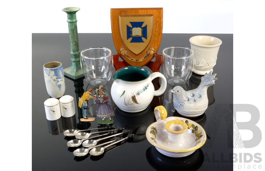 Collection Decorator Items Including Pair Wedgwood S & P Shakers for Qantas, Set Six Silver Plate Coffee Bean Teaspoons, Denby Jug and More