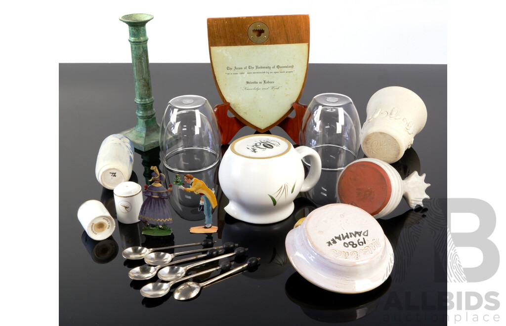 Collection Decorator Items Including Pair Wedgwood S & P Shakers for Qantas, Set Six Silver Plate Coffee Bean Teaspoons, Denby Jug and More