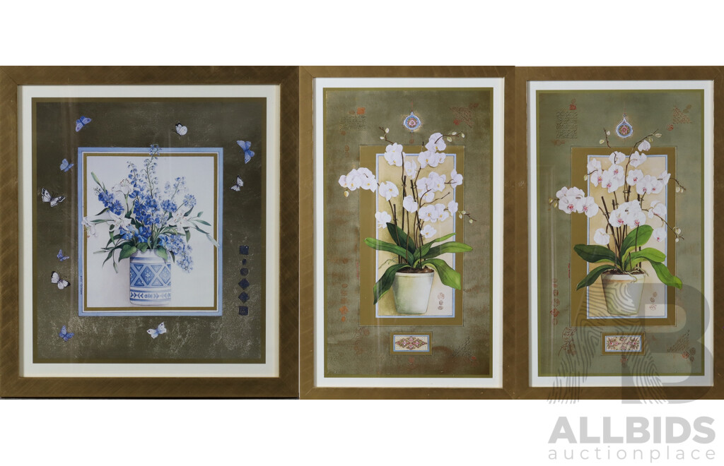 Nahid Aryan Ghodsi, (Contemporary), White Orchids with Gold & Arabic Script, Blue & White Vase with Butterflies, Lithographic Colour Print, 71 x 45.5 cm (largest frame) (3)