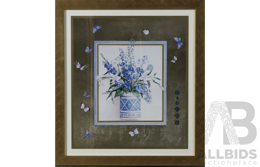 Nahid Aryan Ghodsi, (Contemporary), White Orchids with Gold & Arabic Script, Blue & White Vase with Butterflies, Lithographic Colour Print, 71 x 45.5 cm (largest frame) (3)