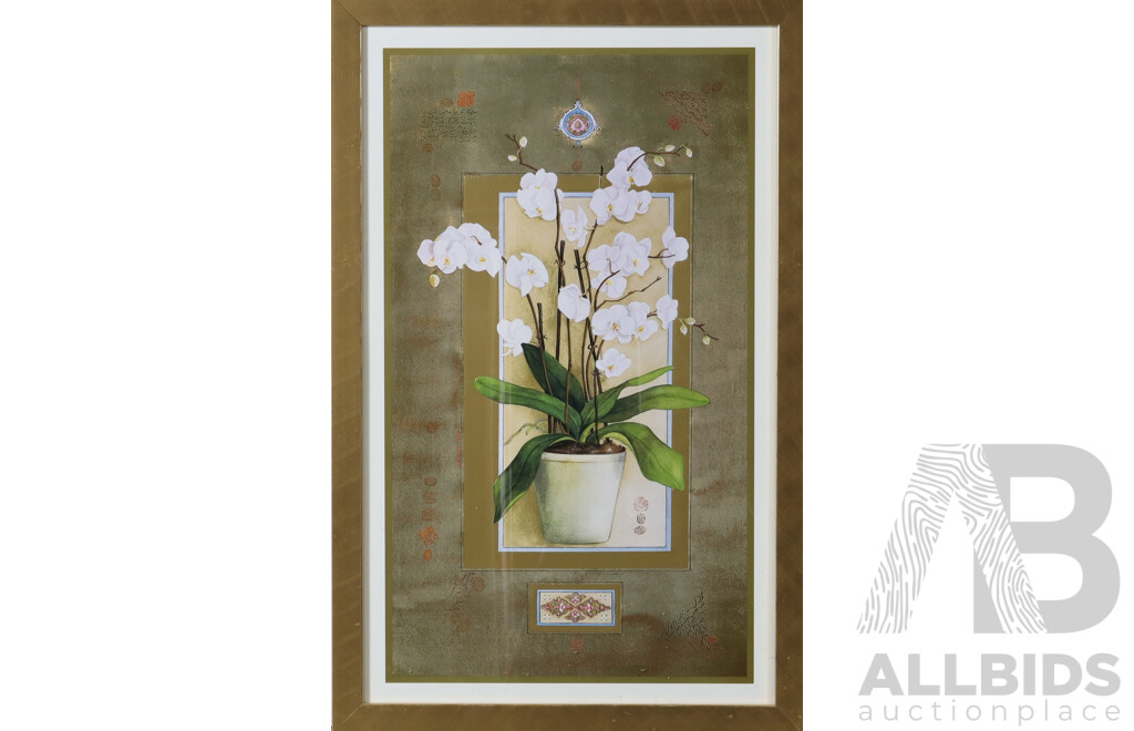 Nahid Aryan Ghodsi, (Contemporary), White Orchids with Gold & Arabic Script, Blue & White Vase with Butterflies, Lithographic Colour Print, 71 x 45.5 cm (largest frame) (3)