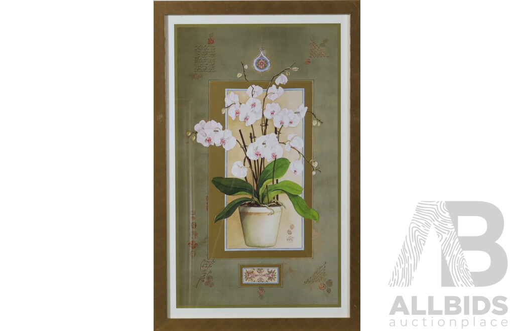 Nahid Aryan Ghodsi, (Contemporary), White Orchids with Gold & Arabic Script, Blue & White Vase with Butterflies, Lithographic Colour Print, 71 x 45.5 cm (largest frame) (3)