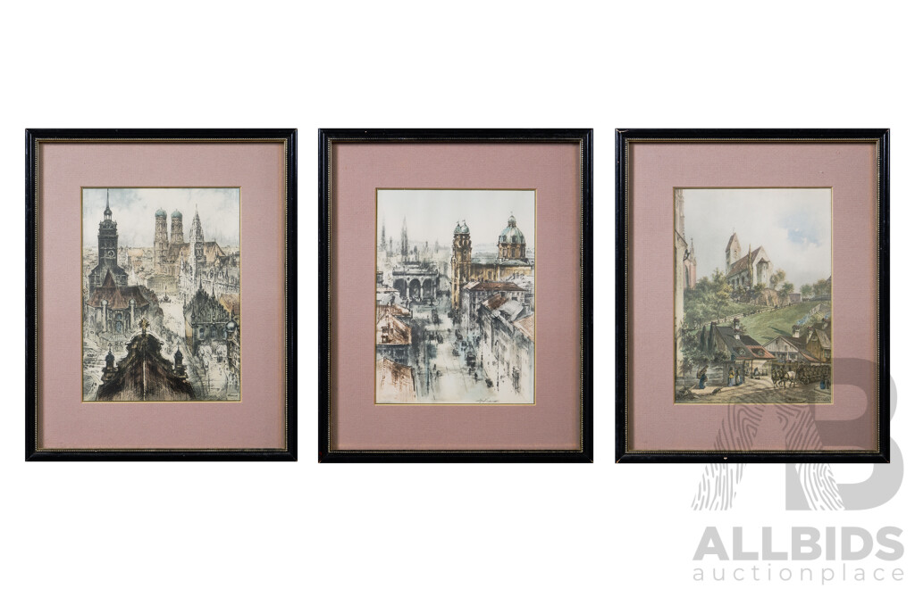 Munich, Germany, Three Views, (Possibly Late 1800s-Early 1900s), Exquisite Trio of Vintage German Copper Plate Etchings, 27 x 22 cm (frames) (3)