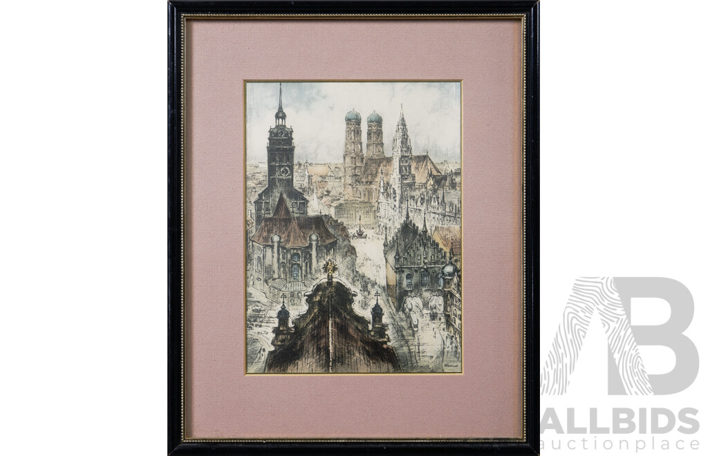 Munich, Germany, Three Views, (Possibly Late 1800s-Early 1900s), Exquisite Trio of Vintage German Copper Plate Etchings, 27 x 22 cm (frames) (3)