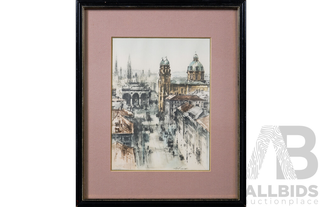 Munich, Germany, Three Views, (Possibly Late 1800s-Early 1900s), Exquisite Trio of Vintage German Copper Plate Etchings, 27 x 22 cm (frames) (3)