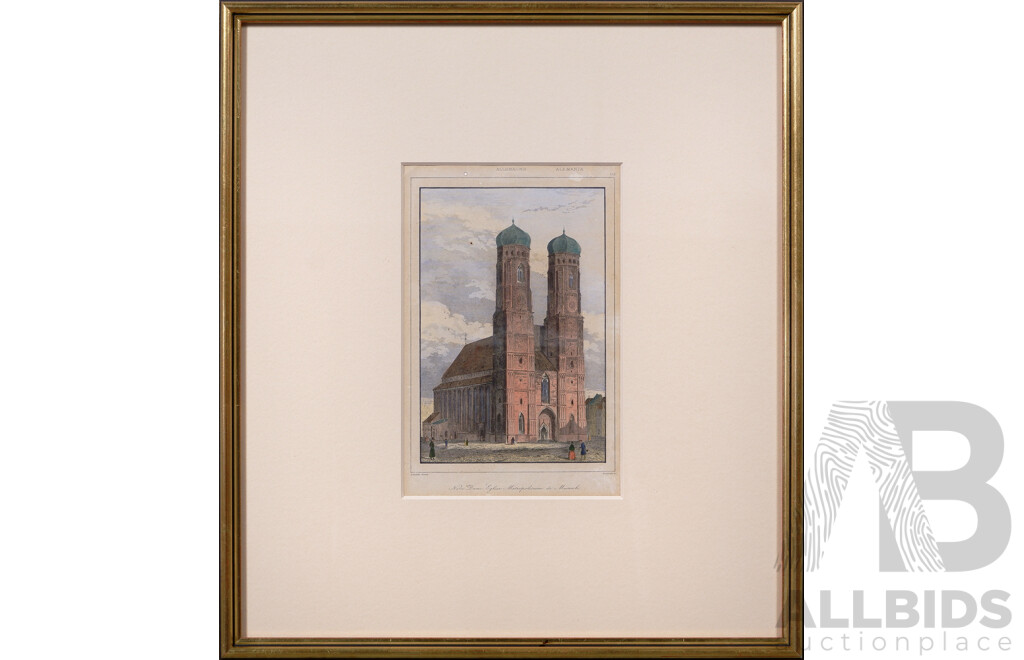 Spitzingsee, Das Siegestor and Notre Dame Eglise, Munich, Set of Three German Antique Coloured Lithographic Prints, 34 x 40 cm (largest frame) (3)