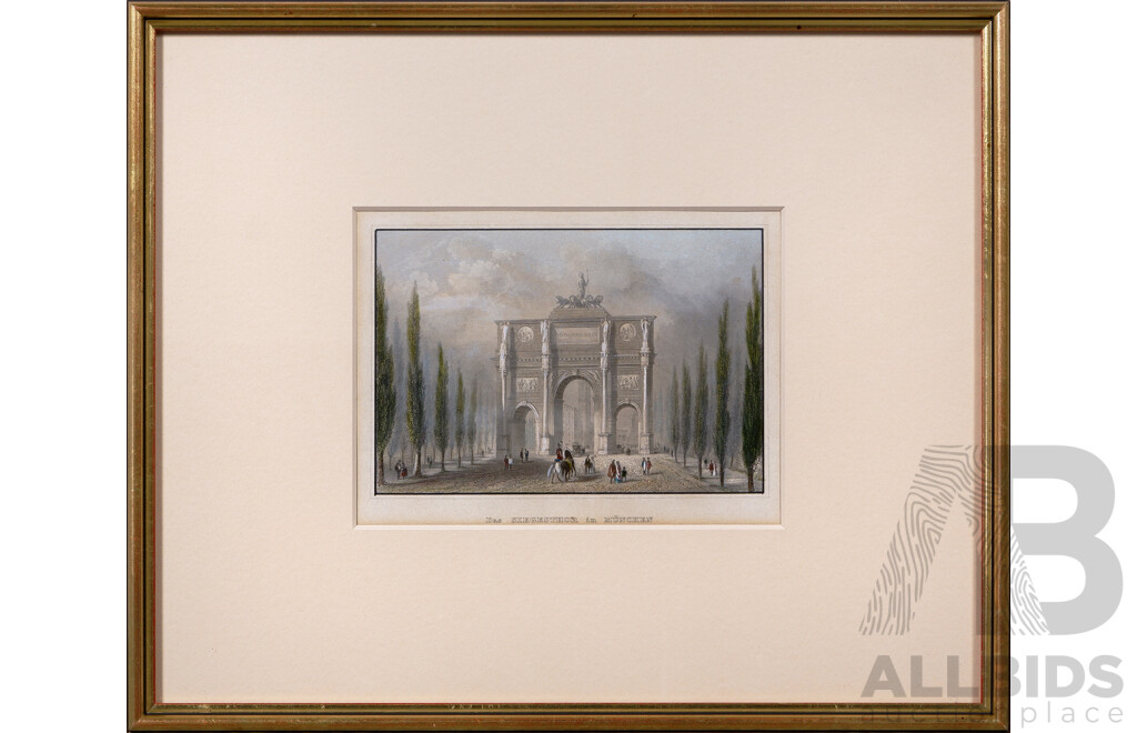 Spitzingsee, Das Siegestor and Notre Dame Eglise, Munich, Set of Three German Antique Coloured Lithographic Prints, 34 x 40 cm (largest frame) (3)