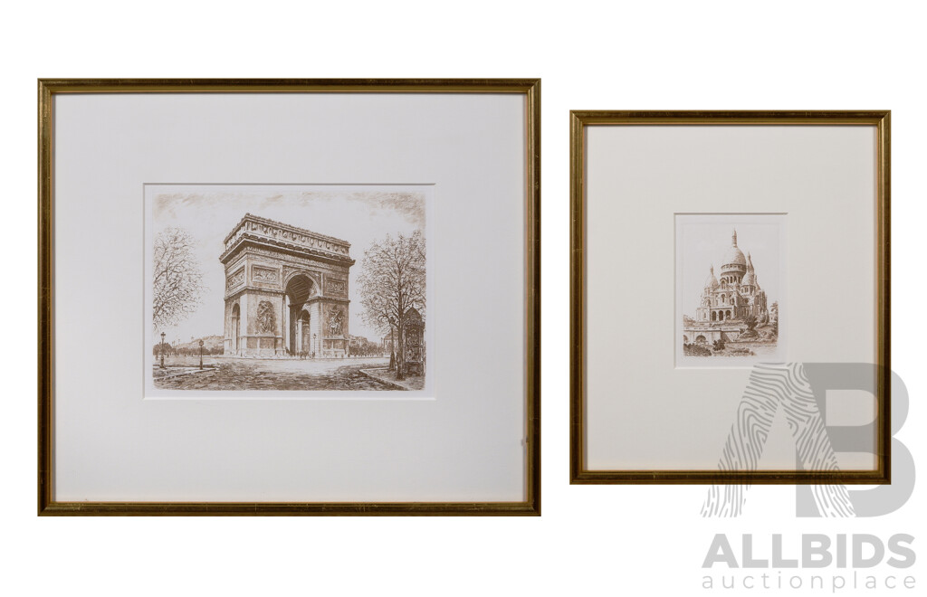 Leopold Robin, (French, 1877-1939), Paris Basilique De Sacre Coeur and Arc De Triomphe, Etchings, 11 X 18 Cm and 16.5 x 23 cm (images) (2)