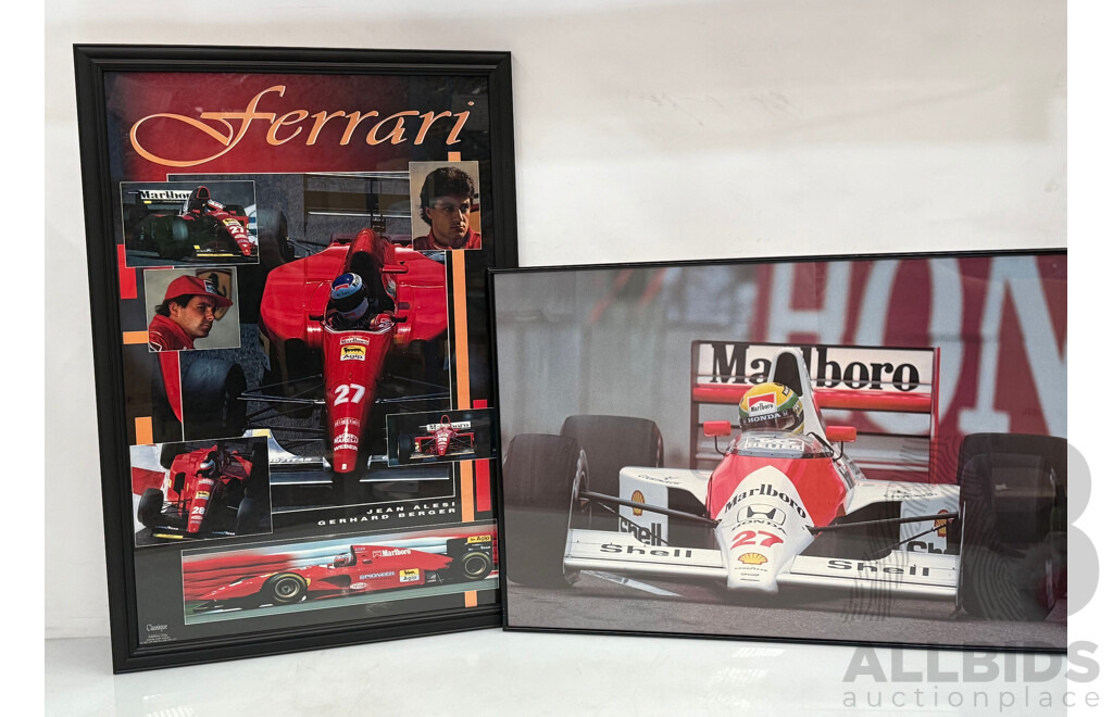 Motor Sports Legends - Formula 1 Ferrari Duo Jean Alesi & Gerhard Berger, (c1993), & Aryton Senna Winning Third Monaco Grand Prix (1990), Colour Posters, (2)