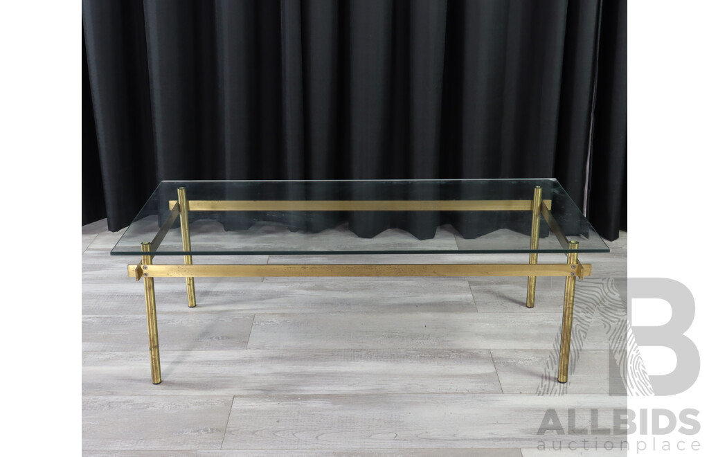 Mid Century Brass Based Coffee Table with Clear Glass Top