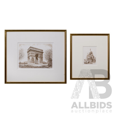 Leopold Robin, (French, 1877-1939), Paris Basilique De Sacre Coeur and Arc De Triomphe, Etchings, 11 X 18 Cm and 16.5 x 23 cm (images) (2)