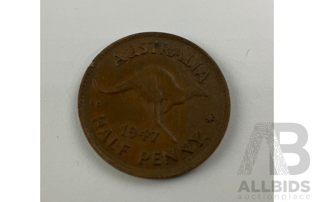 Australian 1966 Round Silver Fifty Cent Coin and 1957 Silver Florin with Collection of Australian Half Pennies, Examples From 1932 to 1961