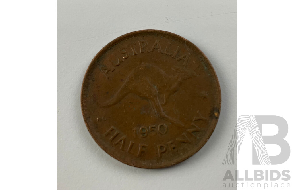 Australian 1966 Round Silver Fifty Cent Coin and 1957 Silver Florin with Collection of Australian Half Pennies, Examples From 1932 to 1961