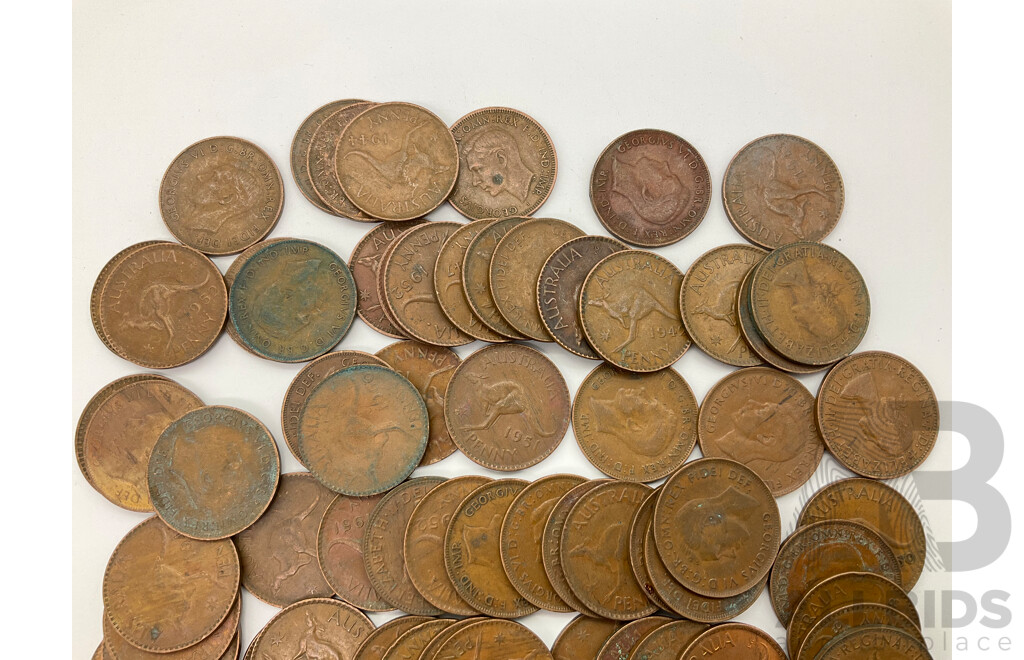 Collection of Australian Pennies, Examples From 1930's, 40's, 50's and 60's - Approximately 98 Coins