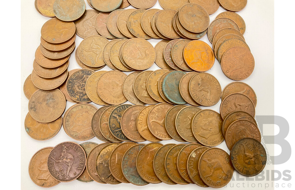 Collection of Australian Pennies, Examples From 1930's, 40's, 50's and 60's - Approximately 98 Coins