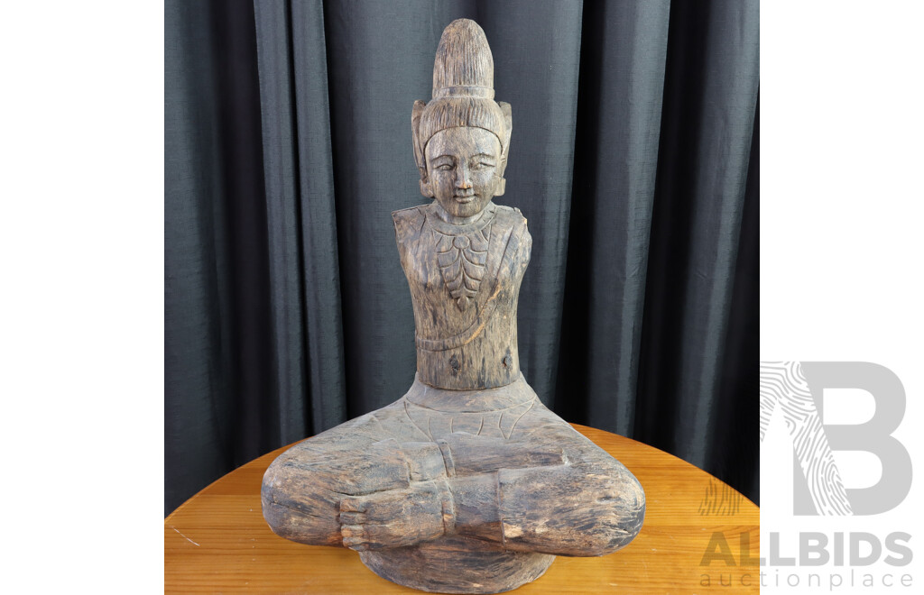 Vintage Carved Serene Timber Buddha Statue