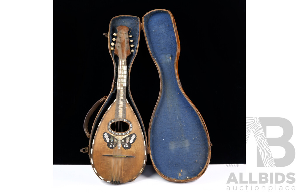 Antique Mandolin by G Puglisi Reale & Figli with Butterfly Inlay and Wooden Case