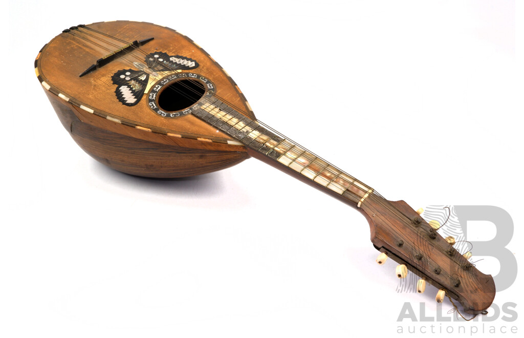 Antique Mandolin by G Puglisi Reale & Figli with Butterfly Inlay and Wooden Case