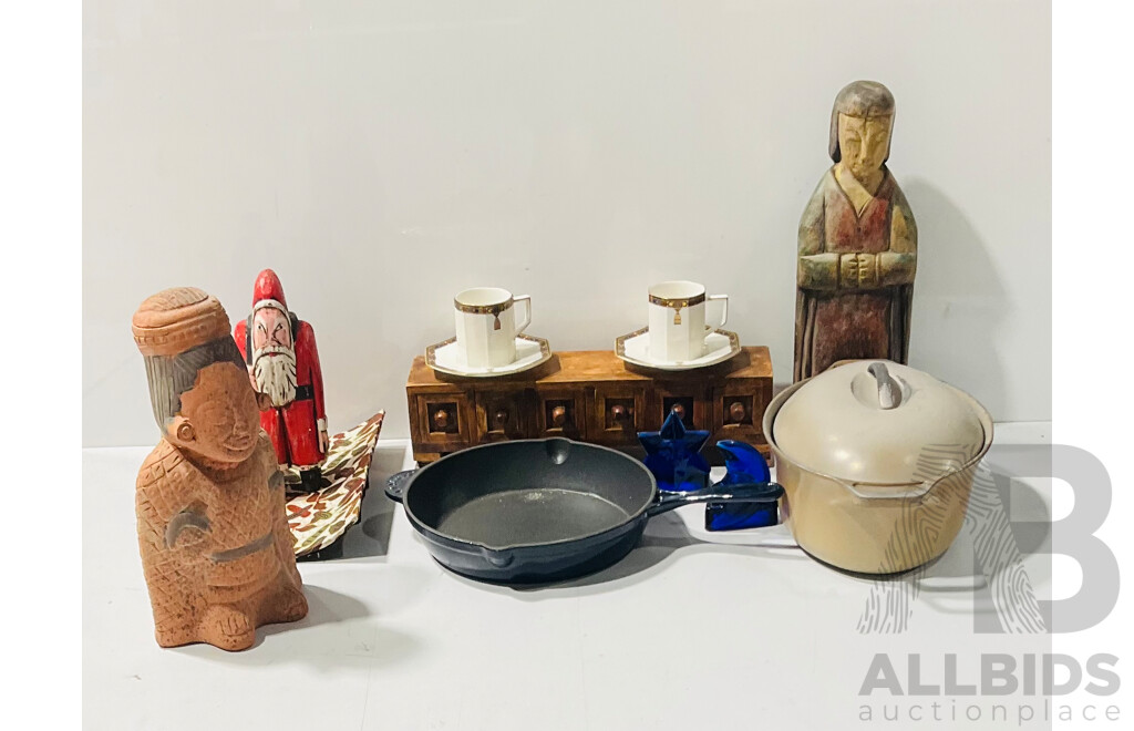 Collection of Souvenir Figures Other Homeware Including Sun and Moon Blue Glass Candle Holders, Metal Pan and More