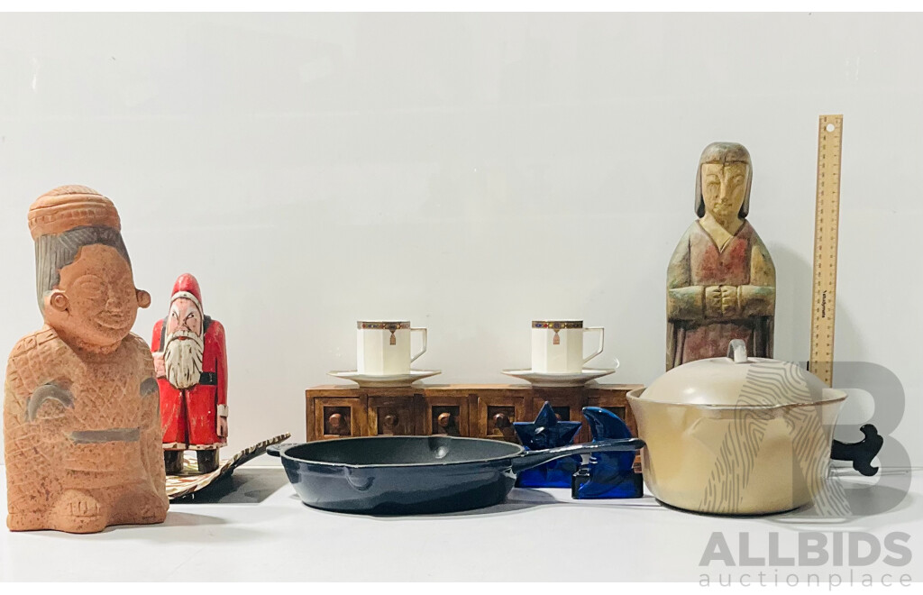 Collection of Souvenir Figures Other Homeware Including Sun and Moon Blue Glass Candle Holders, Metal Pan and More