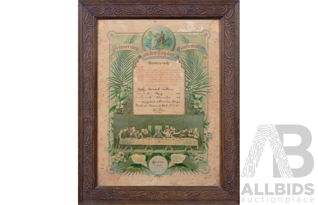 Antique German Confirmation Certificate of Elisabeth Wettern Metta (Born 1903), Dated November 12, 1916, in the Evangelical Lutheran Cross Church, Burrumbuttock, NSW, 48 x 38 cm (frame)