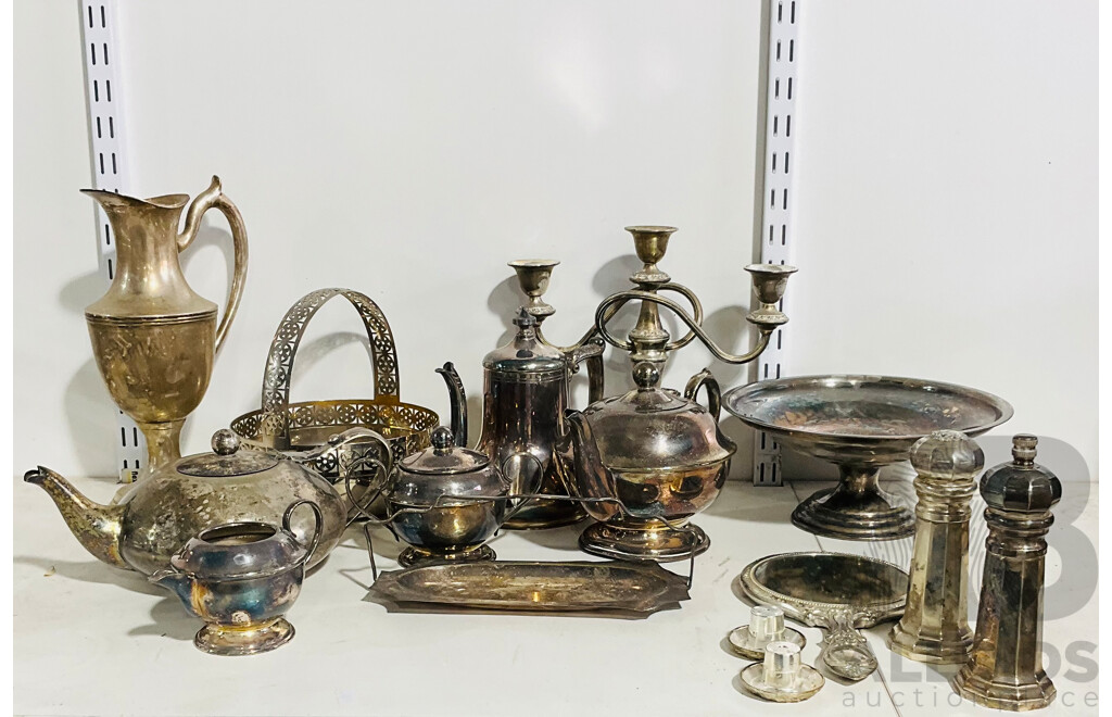 Collection of Silverplate Tableware Including Teapots, Candleholder, Serving Trays and More