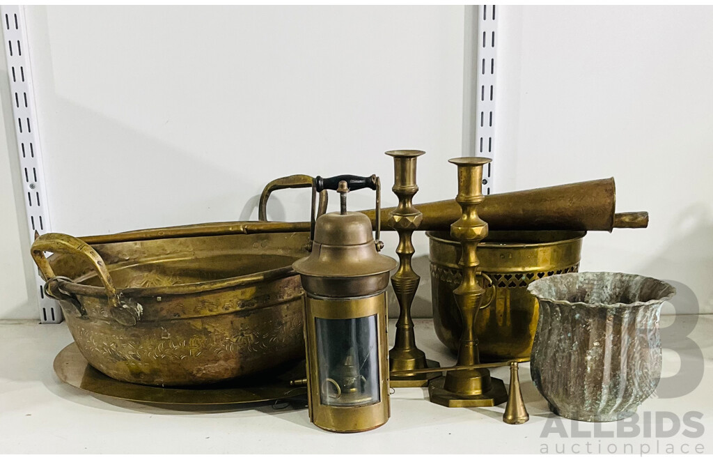 Retro Indian and Middle-east Brassware Including Candleholders, Lantern, basin and more