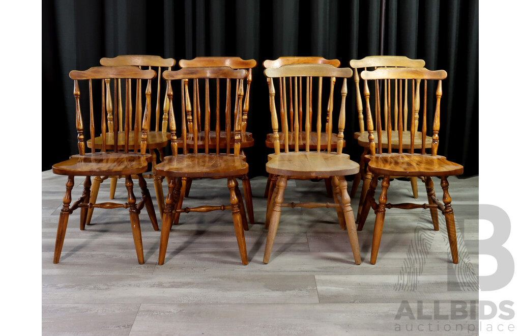 Set of Eight Country Pine Spindle Back Dining Chairs