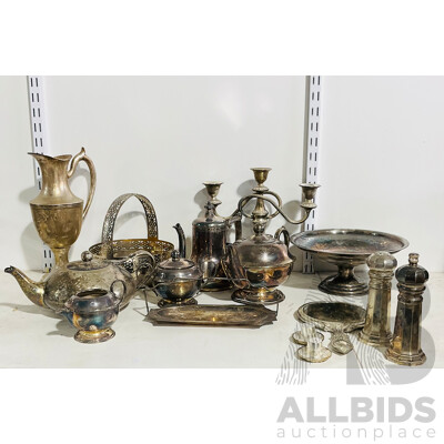 Collection of Silverplate Tableware Including Teapots, Candleholder, Serving Trays and More