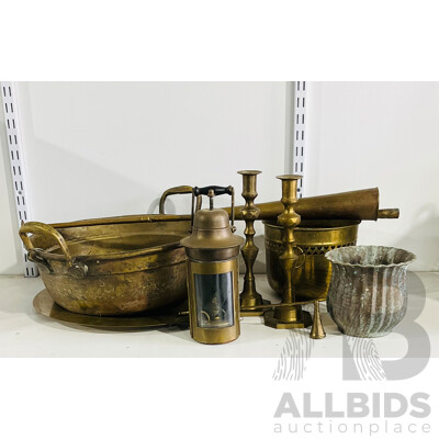 Retro Indian and Middle-east Brassware Including Candleholders, Lantern, basin and more