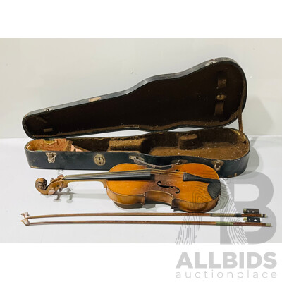 Vintage Violin Marked with “Le Marquis DeL’air D’oiseaux” with Damaged Strings, Transport Case Containing Two Bows, Resin and More