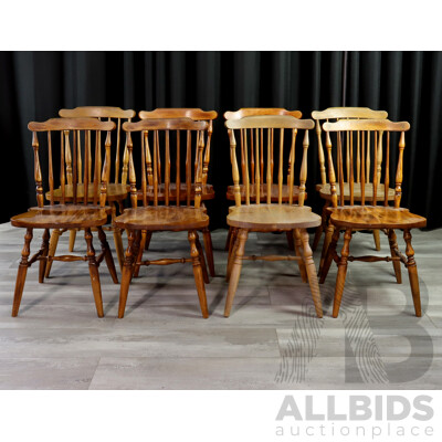 Set of Eight Country Pine Spindle Back Dining Chairs