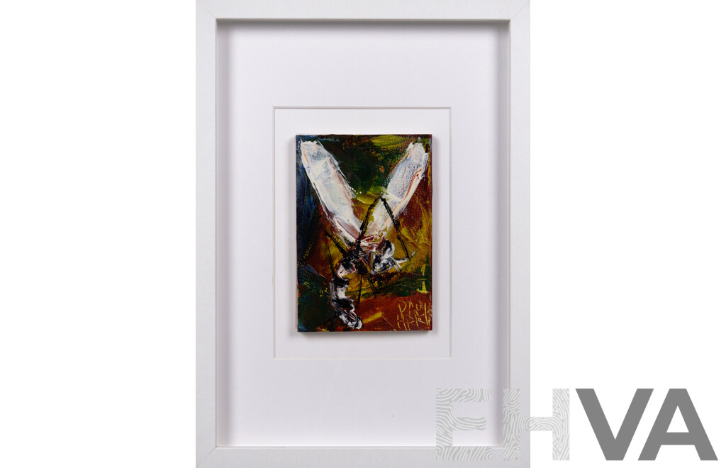 Pro Hart, (20th Century, Australian, 1928-2006), Dragon Fly, Oil on Back of Bible Cover, 32 x 23 cm (frame)