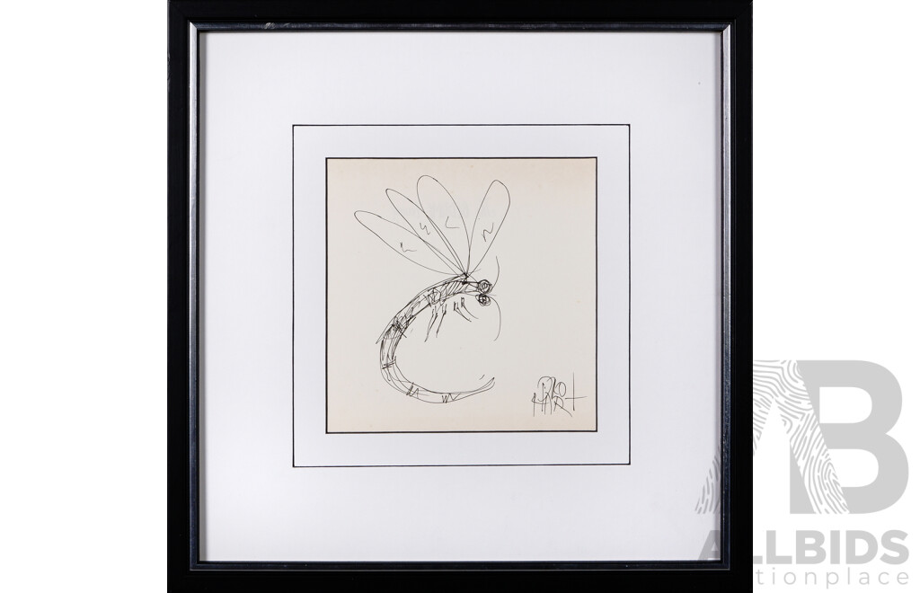 Pro Hart, (20th Century, Australian, 1928-2006), Dragonfly, Original Ink Drawing, 35 x 35 cm (frame)