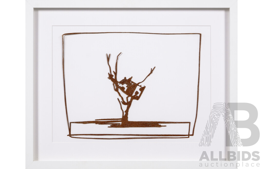 John Kelly (20th Century, British Born Australian, 1965-) Cow Up a Tree, Metal Drawing, Mild Steel Rusted, Open Edition, 42 x 52 cm (frame)