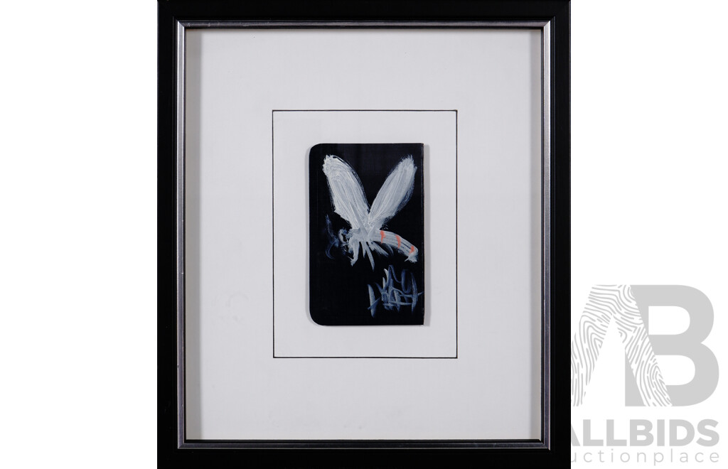 Pro Hart (20th Century, Australian, 1928-2006), Dragonfly, Oil on Bible Cover, Signed, 12x 8 Cm (image); 31 X 27.5 Cm (frame)