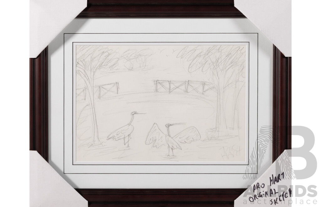 Pro Hart, (20th Century, Australian, 1928-2006), Cranes, Pencil Sketch, 35 x 44 cm (frame)