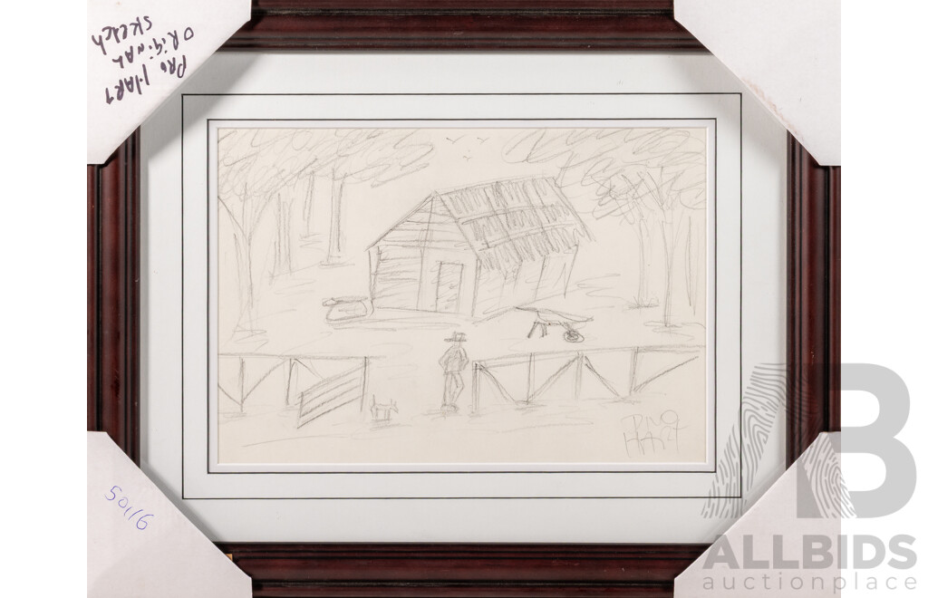 Pro Hart, (20th Century, Australian, 1928-2006), Out Bush, Pencil Sketch, 35 x 44 cm (frame)