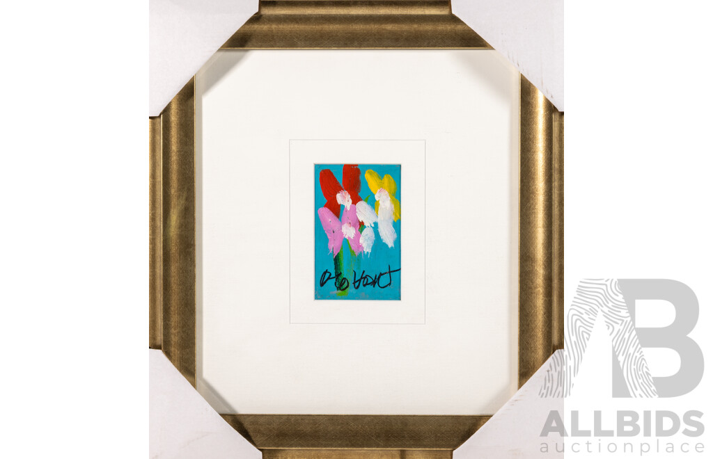 Pro Hart, (20th Century, Australian, 1928-2006), Floral Study, Oil on Bible Cover, 38 x 35 cm (frame)